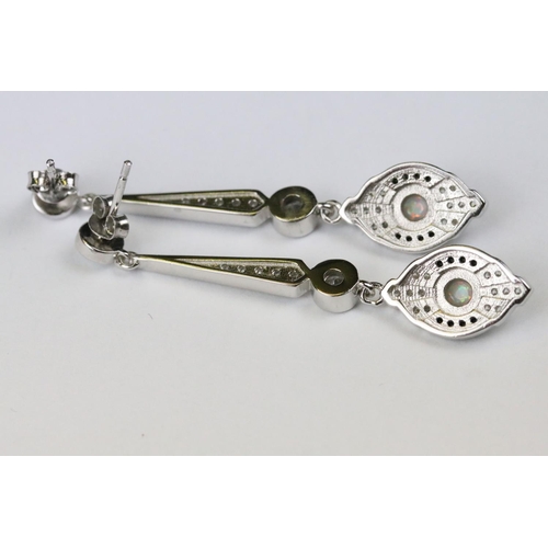 275 - Pair of silver CZ and sapphire drop earrings