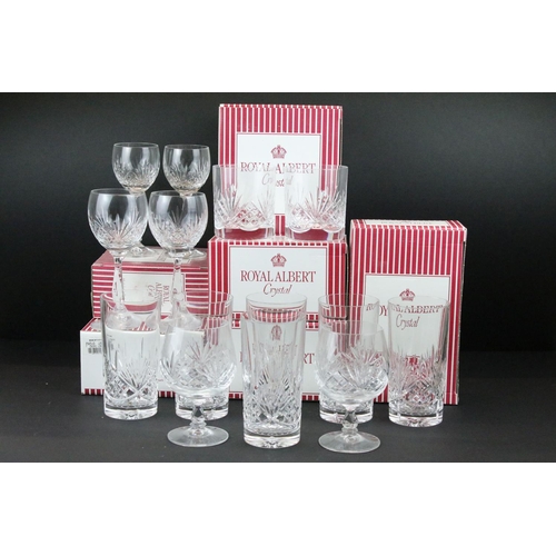 94A - Collection of 17 boxed Royal Albert Crystal glass sets to include tumblers, Champagne flutes, wine g... 