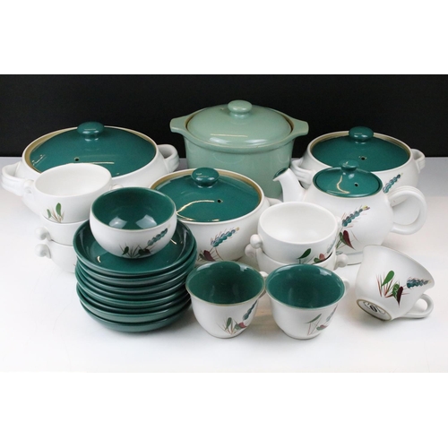 110 - Denby 'Greenwheat' pattern ceramics to include a tea set and tureens, plus a Denby green glazed cove... 