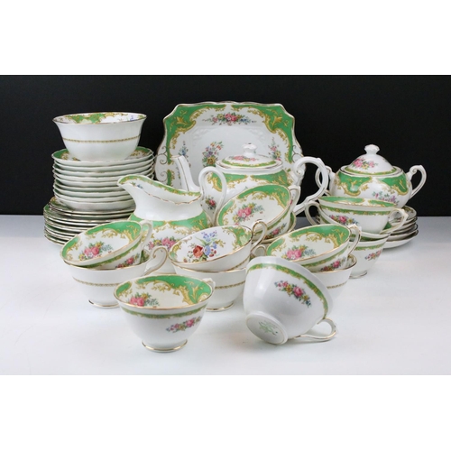 114 - Tuscan green ground floral tea ware to include 'Naples' and 'Windsor' pattern, featuring tea pot, su... 