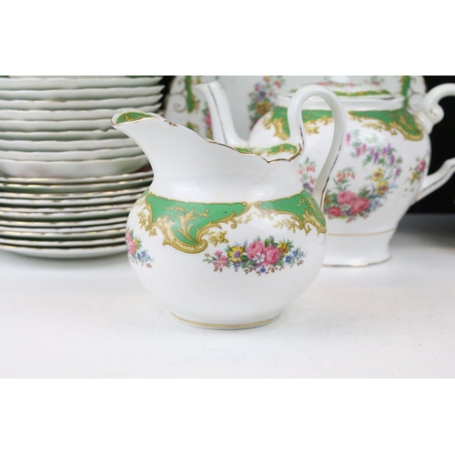 114 - Tuscan green ground floral tea ware to include 'Naples' and 'Windsor' pattern, featuring tea pot, su... 