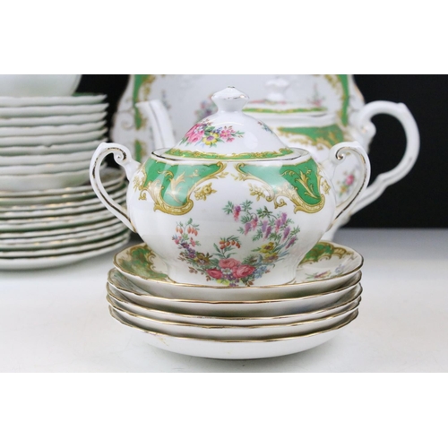 114 - Tuscan green ground floral tea ware to include 'Naples' and 'Windsor' pattern, featuring tea pot, su... 