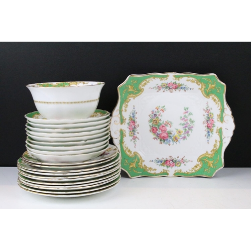 114 - Tuscan green ground floral tea ware to include 'Naples' and 'Windsor' pattern, featuring tea pot, su... 