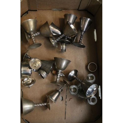 463 - Collection of silver plate to include a set of goblets with moulded stems, napkin rings, taste vin, ... 