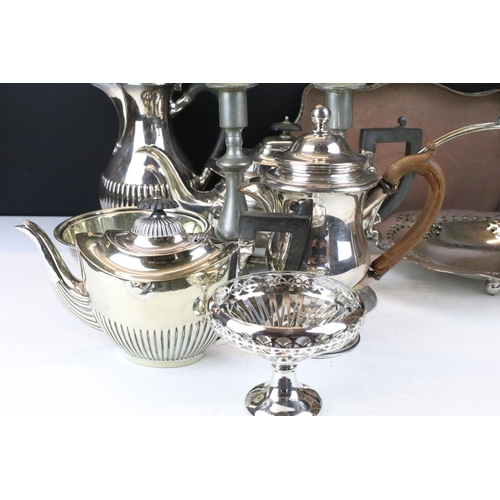 472 - Collection of silver plate and metal ware to include teapots, coffee pot, candlesticks, etc