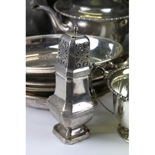 475 - Silver plated ware including an oversized 3 pcs tea service set, a pair of oval twin handled serving... 