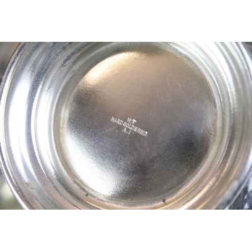 475 - Silver plated ware including an oversized 3 pcs tea service set, a pair of oval twin handled serving... 