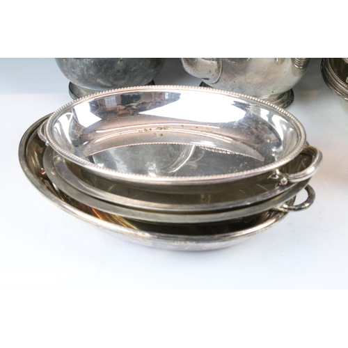 475 - Silver plated ware including an oversized 3 pcs tea service set, a pair of oval twin handled serving... 