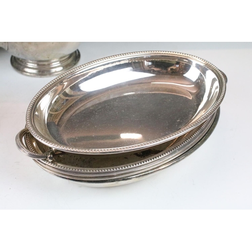 475 - Silver plated ware including an oversized 3 pcs tea service set, a pair of oval twin handled serving... 