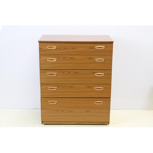 637 - Schreiber teak chest of five long drawers, with maker's label, 93.5cm high x 74.5cm wide x 43cm deep