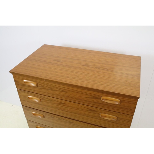 637 - Schreiber teak chest of five long drawers, with maker's label, 93.5cm high x 74.5cm wide x 43cm deep