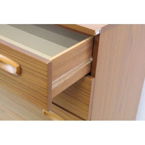 637 - Schreiber teak chest of five long drawers, with maker's label, 93.5cm high x 74.5cm wide x 43cm deep