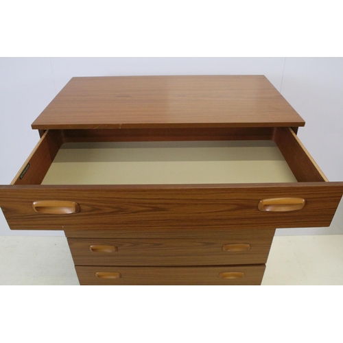 637 - Schreiber teak chest of five long drawers, with maker's label, 93.5cm high x 74.5cm wide x 43cm deep