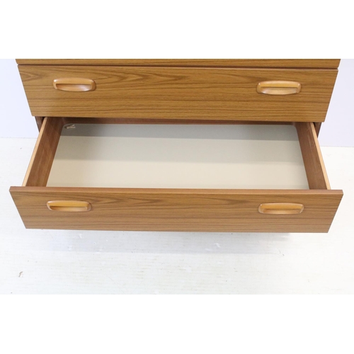 637 - Schreiber teak chest of five long drawers, with maker's label, 93.5cm high x 74.5cm wide x 43cm deep