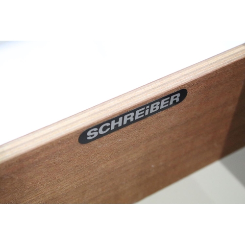 637 - Schreiber teak chest of five long drawers, with maker's label, 93.5cm high x 74.5cm wide x 43cm deep