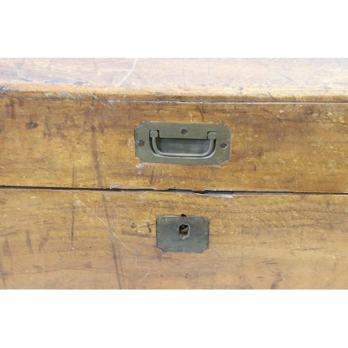 639 - 19th century teak campaign chest with brass mounts, brass recessed handle to front and two carrying ... 