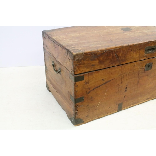 639 - 19th century teak campaign chest with brass mounts, brass recessed handle to front and two carrying ... 