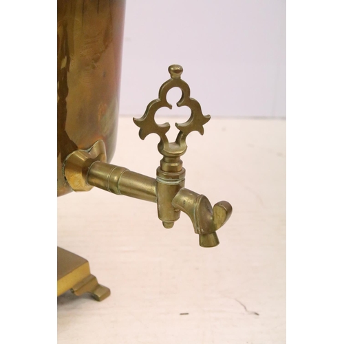 508 - Brass twin-handled samovar, with quatrefoil design pierced base, on four feet, Russian inscription a... 