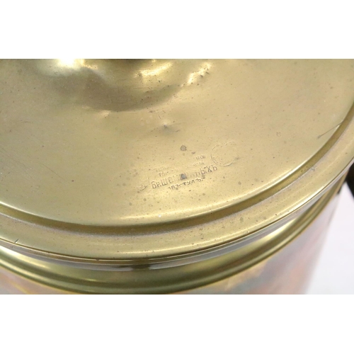 508 - Brass twin-handled samovar, with quatrefoil design pierced base, on four feet, Russian inscription a... 