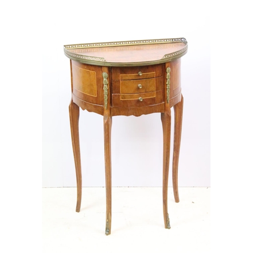 606 - Continental inlaid semi-circular side table, the top with gilt metal galleried top with pierced hear... 