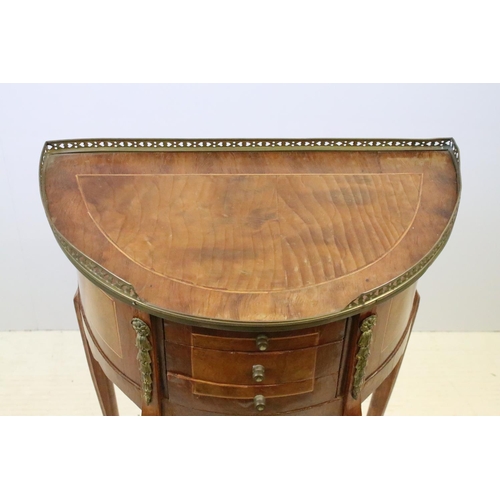 606 - Continental inlaid semi-circular side table, the top with gilt metal galleried top with pierced hear... 
