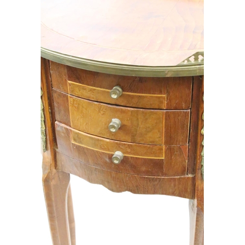 606 - Continental inlaid semi-circular side table, the top with gilt metal galleried top with pierced hear... 