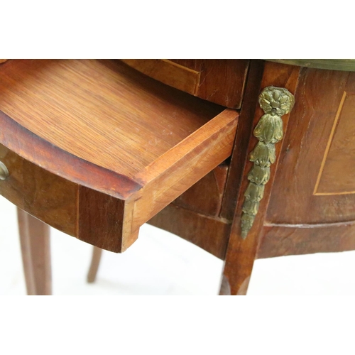 606 - Continental inlaid semi-circular side table, the top with gilt metal galleried top with pierced hear... 