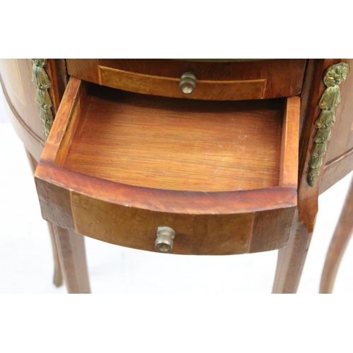 606 - Continental inlaid semi-circular side table, the top with gilt metal galleried top with pierced hear... 