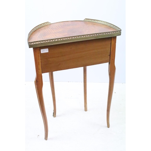 606 - Continental inlaid semi-circular side table, the top with gilt metal galleried top with pierced hear... 