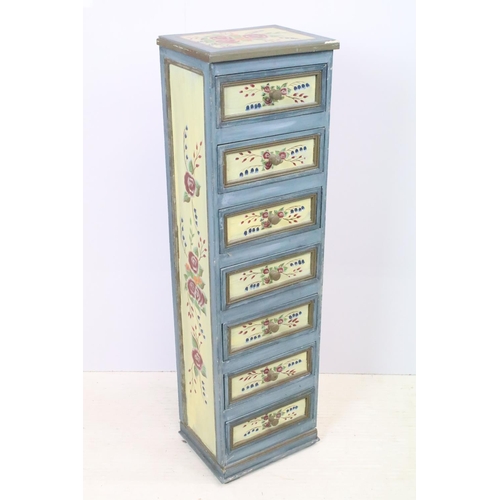 619 - Chest of seven drawers, painted with floral sprays, 96cm high x 27.5cm wide x 21cm deep