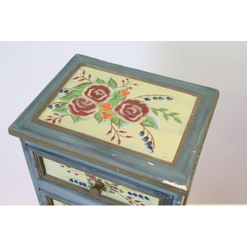619 - Chest of seven drawers, painted with floral sprays, 96cm high x 27.5cm wide x 21cm deep
