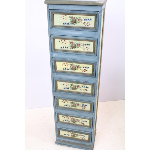 619 - Chest of seven drawers, painted with floral sprays, 96cm high x 27.5cm wide x 21cm deep