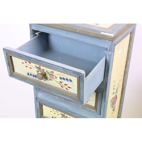 619 - Chest of seven drawers, painted with floral sprays, 96cm high x 27.5cm wide x 21cm deep