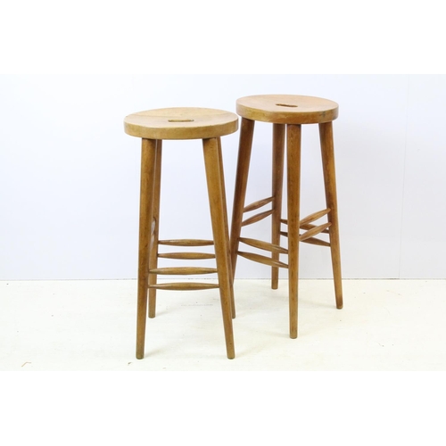 620 - Pair of vintage waxed and polished beech wood high kitchen stools, each 75cm high