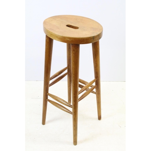 620 - Pair of vintage waxed and polished beech wood high kitchen stools, each 75cm high