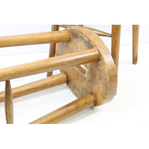 620 - Pair of vintage waxed and polished beech wood high kitchen stools, each 75cm high