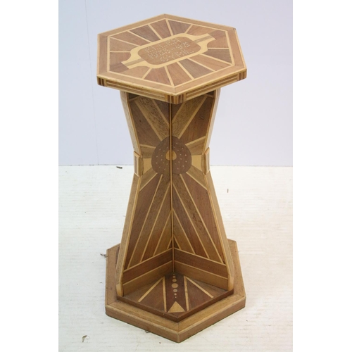 627 - Art Deco marquetry lamp side table of hexagonal form with angular support with sunburst marquetry de... 