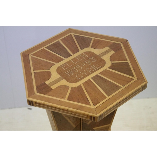 627 - Art Deco marquetry lamp side table of hexagonal form with angular support with sunburst marquetry de... 