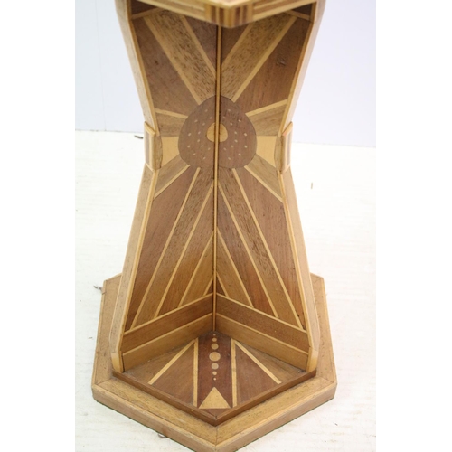 627 - Art Deco marquetry lamp side table of hexagonal form with angular support with sunburst marquetry de... 