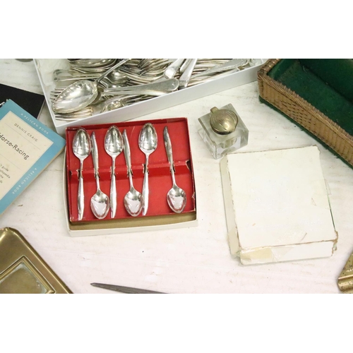 485 - Collection of silver plated flatware together with a pair of silver plated candlesticks, a quantity ... 