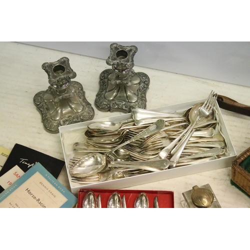 485 - Collection of silver plated flatware together with a pair of silver plated candlesticks, a quantity ... 