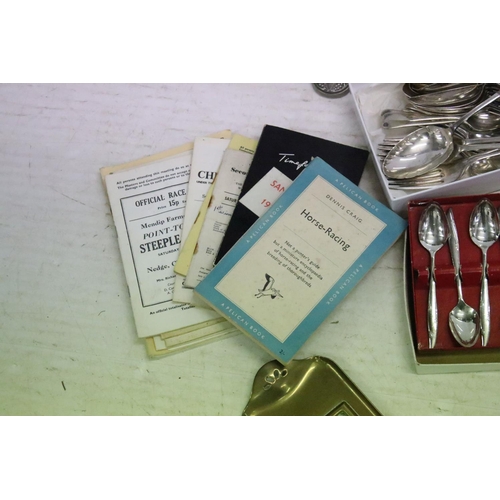 485 - Collection of silver plated flatware together with a pair of silver plated candlesticks, a quantity ... 