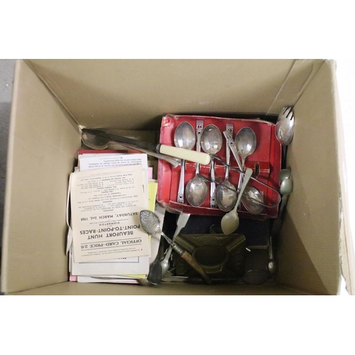 485 - Collection of silver plated flatware together with a pair of silver plated candlesticks, a quantity ... 