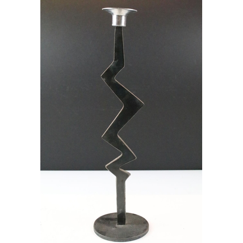 178A - Pair of cut metal candlesticks having zig zag shaped columns with sconces to top. Measures 37.5cm ta... 