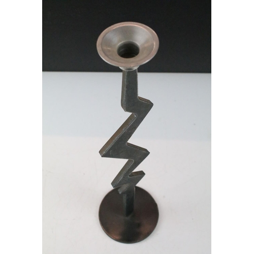 178A - Pair of cut metal candlesticks having zig zag shaped columns with sconces to top. Measures 37.5cm ta... 