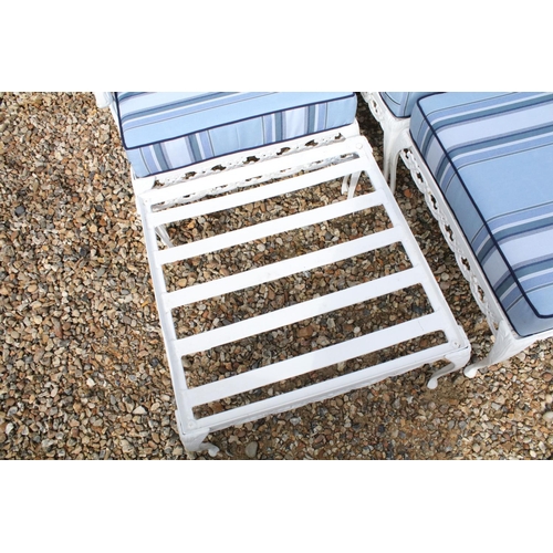 519 - White painted cast metal garden / patio sun lounger set comprising a twin seat (approx 123cm wide) a... 