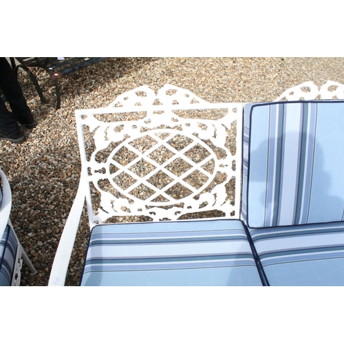 519 - White painted cast metal garden / patio sun lounger set comprising a twin seat (approx 123cm wide) a... 