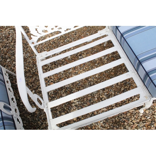 519 - White painted cast metal garden / patio sun lounger set comprising a twin seat (approx 123cm wide) a... 