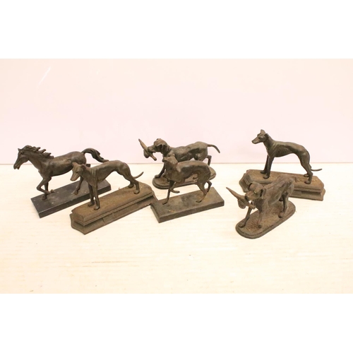 488 - Group of five cast iron dog ornaments and a horse example, tallest approx 18cm