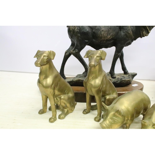 506 - Cast metal model of a stag mounted on a wooden base (approx 45cm high), together with a group of bra... 